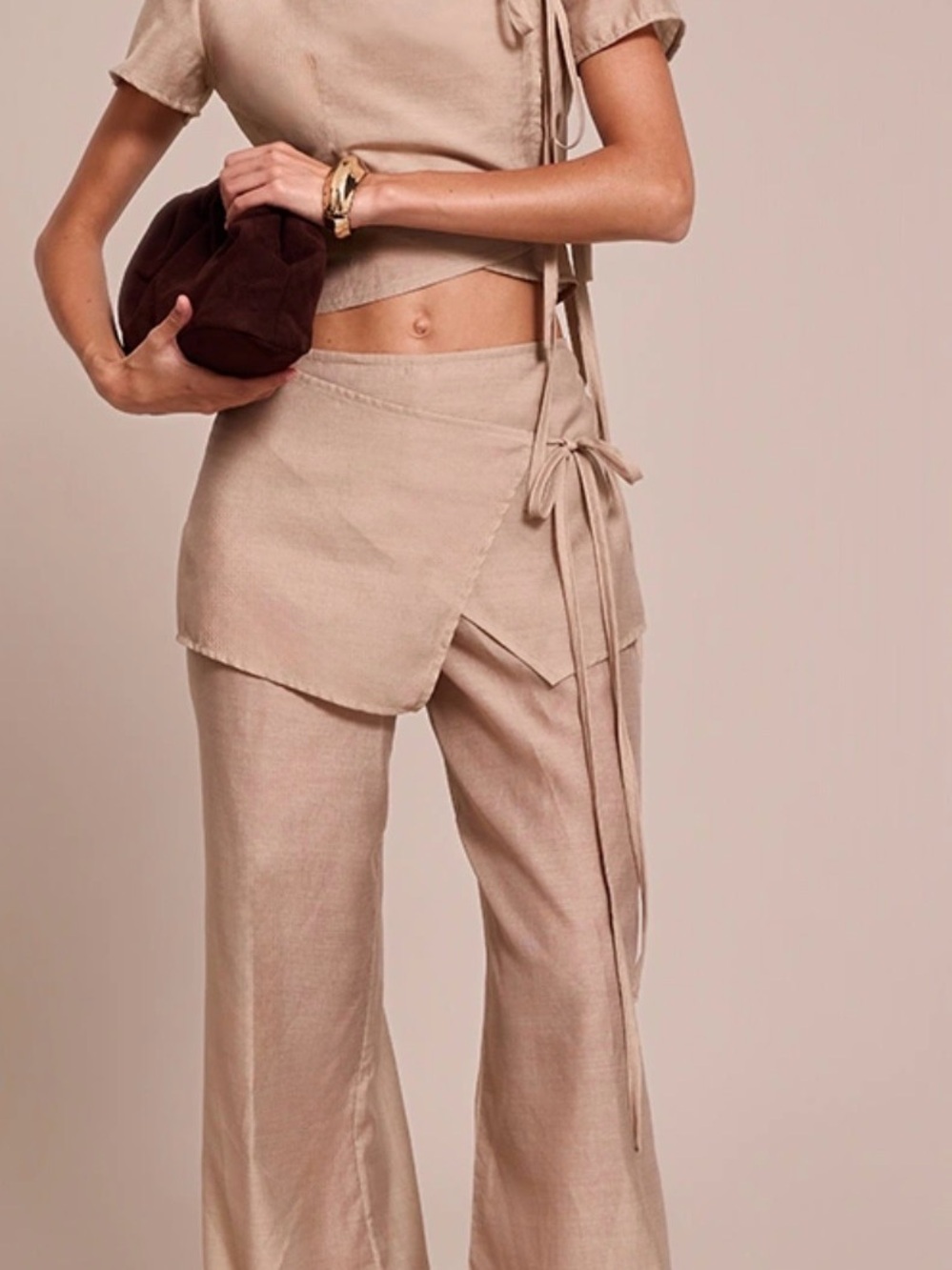 Pretty little thing / Wrap Skirt Overlay Wide-Leg Pants and Top - Beige